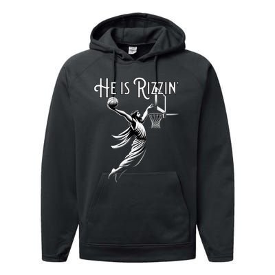 He Is Rizzin Jesus Playing Basketball Funny Sports Rizz Performance Fleece Hoodie