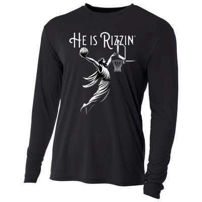 He Is Rizzin Jesus Playing Basketball Funny Sports Rizz Cooling Performance Long Sleeve Crew