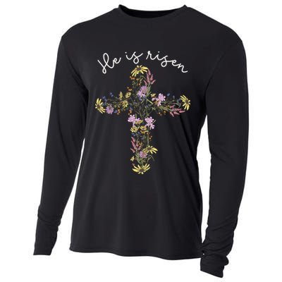 He Is Risen Wildflower Cross Easter Day Christian Girl Women Cooling Performance Long Sleeve Crew