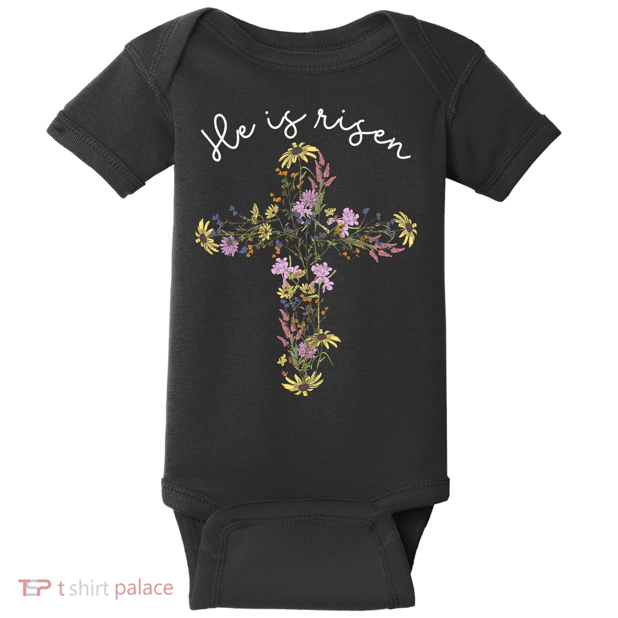 He Is Risen Wildflower Cross Easter Day Christian Girl Women Baby Bodysuit