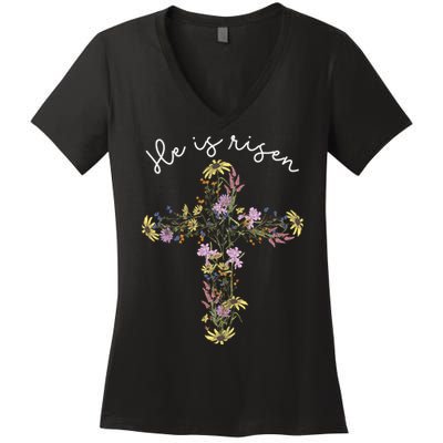 He Is Risen Wildflower Cross Easter Day Christian Girl Women Women's V-Neck T-Shirt