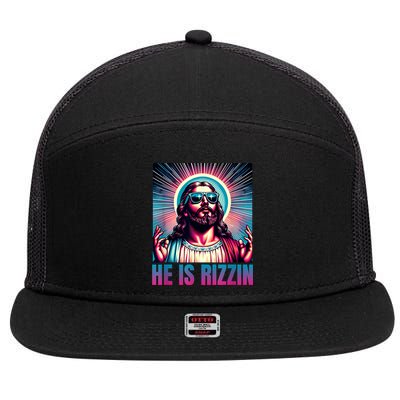 He Is Rizzin Jesus Is Rizzen 7 Panel Mesh Trucker Snapback Hat