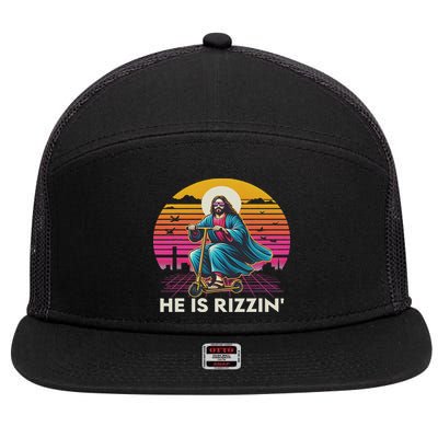 He Is Rizzen Jesus Is Rizzen Cool Jesus Jesus Has Rizzen 7 Panel Mesh Trucker Snapback Hat