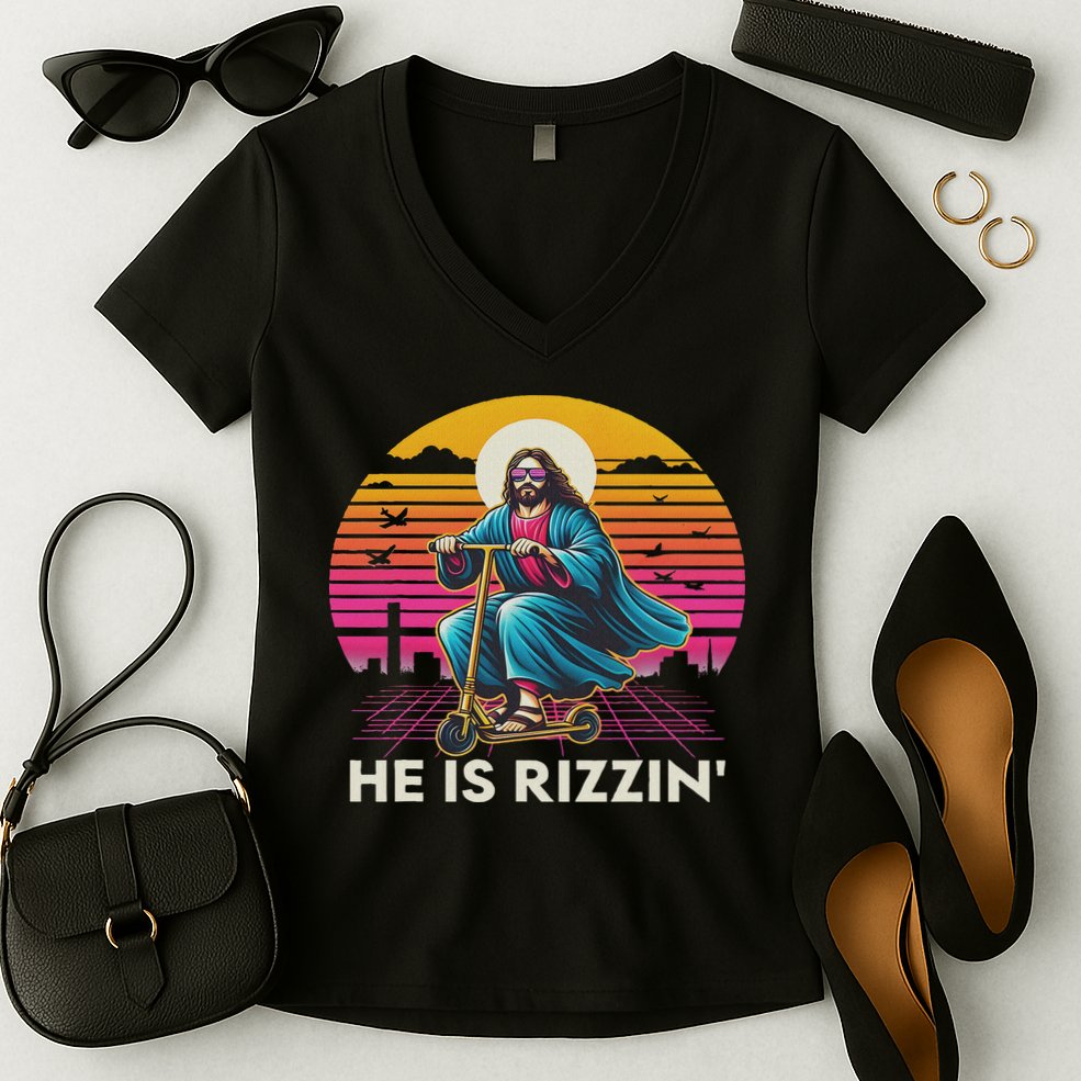 He Is Rizzen Jesus Is Rizzen Cool Jesus Jesus Has Rizzen Women's V-Neck T-Shirt