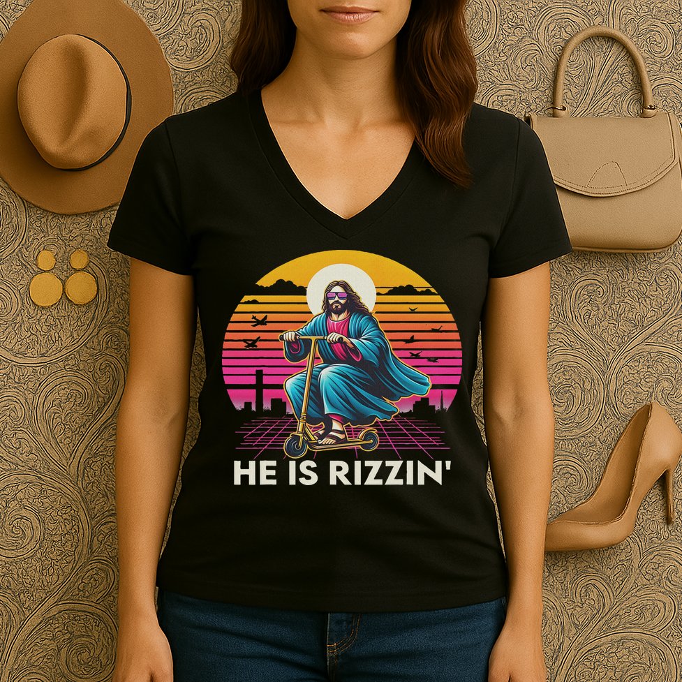 He Is Rizzen Jesus Is Rizzen Cool Jesus Jesus Has Rizzen Women's V-Neck T-Shirt