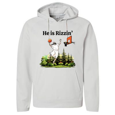 He Is Rizzin Funny Easter Day Jesus Playing Basketball Performance Fleece Hoodie