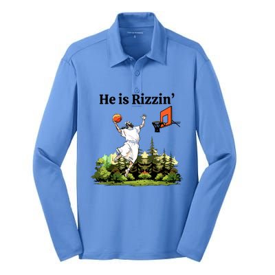 He Is Rizzin Funny Easter Day Jesus Playing Basketball Silk Touch Performance Long Sleeve Polo