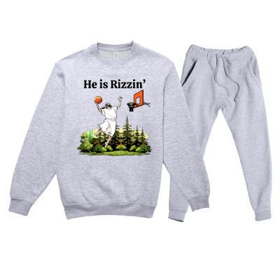 He Is Rizzin Funny Easter Day Jesus Playing Basketball Premium Crewneck Sweatsuit Set