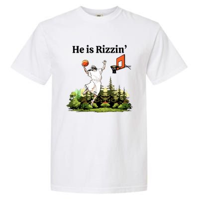 He Is Rizzin Funny Easter Day Jesus Playing Basketball Garment-Dyed Heavyweight T-Shirt