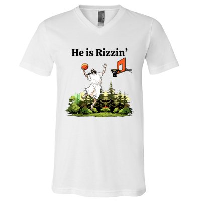 He Is Rizzin Funny Easter Day Jesus Playing Basketball V-Neck T-Shirt