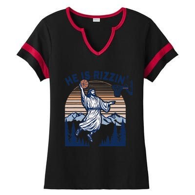 He Is Rizzin Funny Jesus Playing Basketball Meme Christian Ladies Halftime Notch Neck Tee