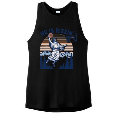 He Is Rizzin Funny Jesus Playing Basketball Meme Christian Ladies PosiCharge Tri-Blend Wicking Tank