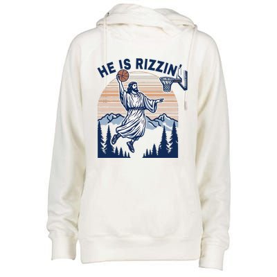 He Is Rizzin Funny Jesus Playing Basketball Meme Christian Womens Funnel Neck Pullover Hood