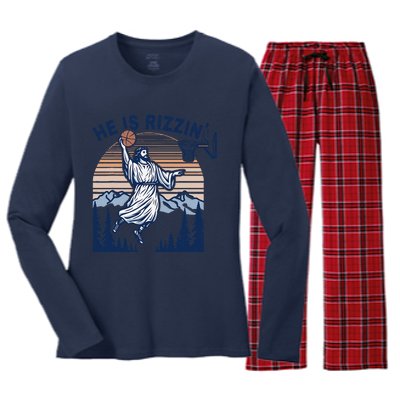 He Is Rizzin Funny Jesus Playing Basketball Meme Christian Women's Long Sleeve Flannel Pajama Set 