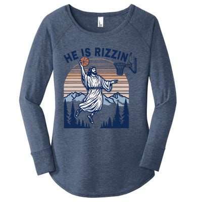 He Is Rizzin Funny Jesus Playing Basketball Meme Christian Women's Perfect Tri Tunic Long Sleeve Shirt