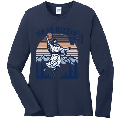 He Is Rizzin Funny Jesus Playing Basketball Meme Christian Ladies Long Sleeve Shirt