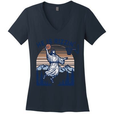 He Is Rizzin Funny Jesus Playing Basketball Meme Christian Women's V-Neck T-Shirt