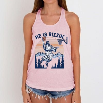 He Is Rizzin Funny Jesus Playing Basketball Meme Christian Women's Knotted Racerback Tank