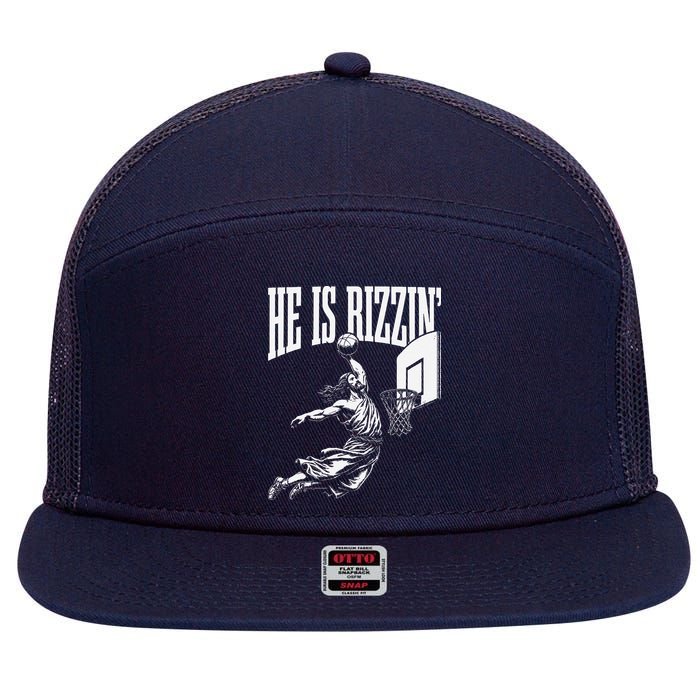 He Is Rizzin Funny Jesus Basketball Meme 7 Panel Mesh Trucker Snapback Hat