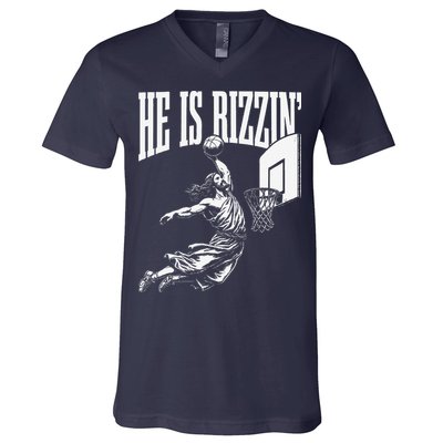 He Is Rizzin Funny Jesus Basketball Meme V-Neck T-Shirt