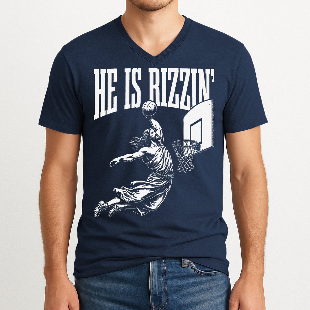 He Is Rizzin Funny Jesus Basketball Meme V-Neck T-Shirt