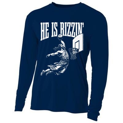 He Is Rizzin Funny Jesus Basketball Meme Cooling Performance Long Sleeve Crew