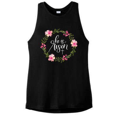 He Is Risen Jesus Christian Happy Easter Floral Wreath Ladies PosiCharge Tri-Blend Wicking Tank