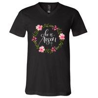 He Is Risen Jesus Christian Happy Easter Floral Wreath V-Neck T-Shirt