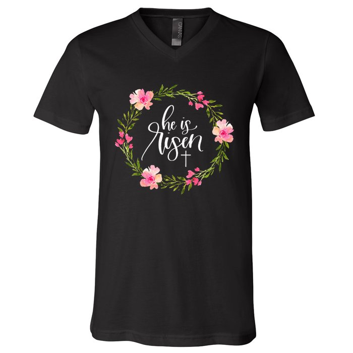 He Is Risen Jesus Christian Happy Easter Floral Wreath V-Neck T-Shirt