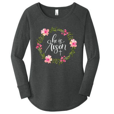 He Is Risen Jesus Christian Happy Easter Floral Wreath Women's Perfect Tri Tunic Long Sleeve Shirt