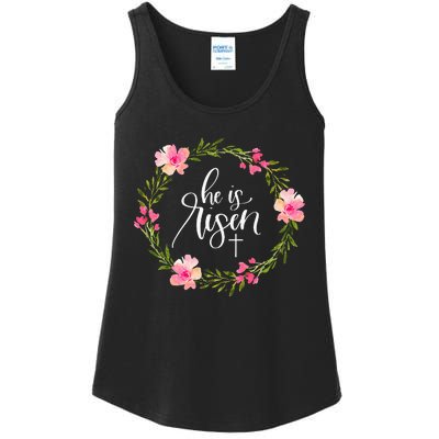 He Is Risen Jesus Christian Happy Easter Floral Wreath Ladies Essential Tank