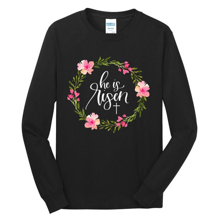 He Is Risen Jesus Christian Happy Easter Floral Wreath Tall Long Sleeve T-Shirt