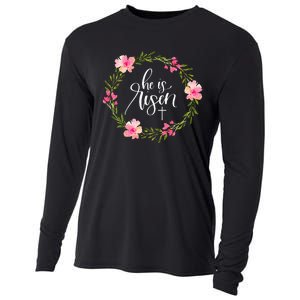 He Is Risen Jesus Christian Happy Easter Floral Wreath Cooling Performance Long Sleeve Crew