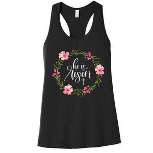 He Is Risen Jesus Christian Happy Easter Floral Wreath Women's Racerback Tank