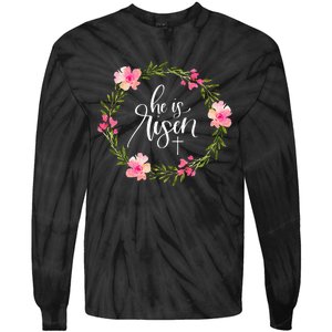 He Is Risen Jesus Christian Happy Easter Floral Wreath Tie-Dye Long Sleeve Shirt