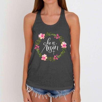 He Is Risen Jesus Christian Happy Easter Floral Wreath Women's Knotted Racerback Tank