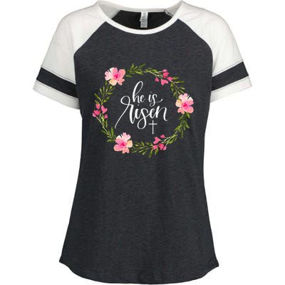 He Is Risen Jesus Christian Happy Easter Floral Wreath Enza Ladies Jersey Colorblock Tee