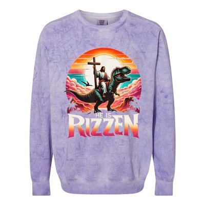 He Is Rizzen Jesus Has Rizzen Retro Christian Dinosaur Colorblast Crewneck Sweatshirt