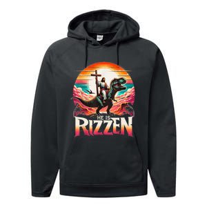 He Is Rizzen Jesus Has Rizzen Retro Christian Dinosaur Performance Fleece Hoodie