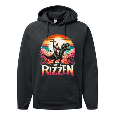 He Is Rizzen Jesus Has Rizzen Retro Christian Dinosaur Performance Fleece Hoodie