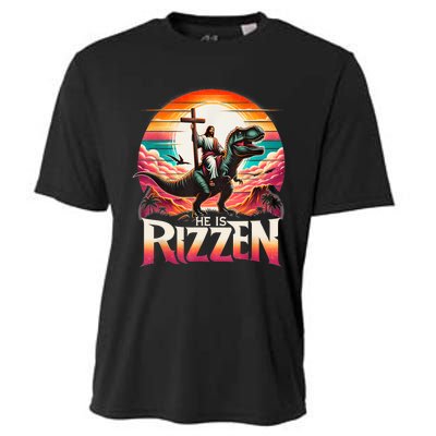 He Is Rizzen Jesus Has Rizzen Retro Christian Dinosaur Cooling Performance Crew T-Shirt