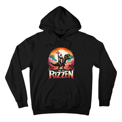 He Is Rizzen Jesus Has Rizzen Retro Christian Dinosaur Hoodie