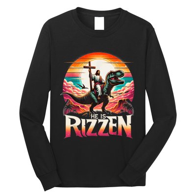 He Is Rizzen Jesus Has Rizzen Retro Christian Dinosaur Long Sleeve Shirt