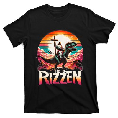 He Is Rizzen Jesus Has Rizzen Retro Christian Dinosaur T-Shirt