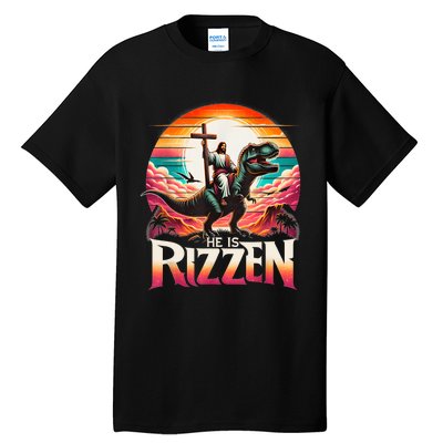 He Is Rizzen Jesus Has Rizzen Retro Christian Dinosaur Tall T-Shirt