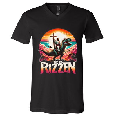 He Is Rizzen Jesus Has Rizzen Retro Christian Dinosaur V-Neck T-Shirt