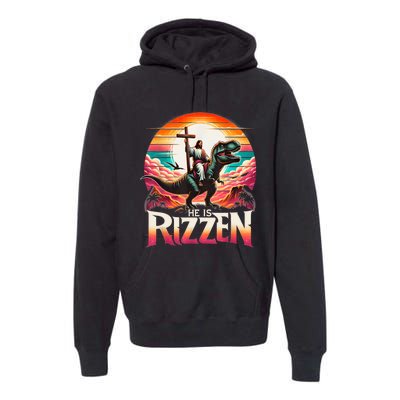 He Is Rizzen Jesus Has Rizzen Retro Christian Dinosaur Premium Hoodie