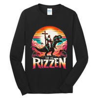 He Is Rizzen Jesus Has Rizzen Retro Christian Dinosaur Tall Long Sleeve T-Shirt