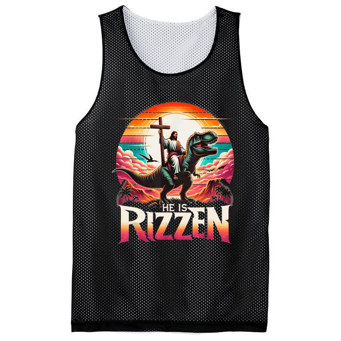 He Is Rizzen Jesus Has Rizzen Retro Christian Dinosaur Mesh Reversible Basketball Jersey Tank