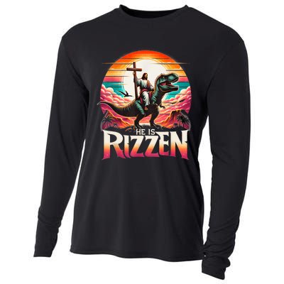 He Is Rizzen Jesus Has Rizzen Retro Christian Dinosaur Cooling Performance Long Sleeve Crew